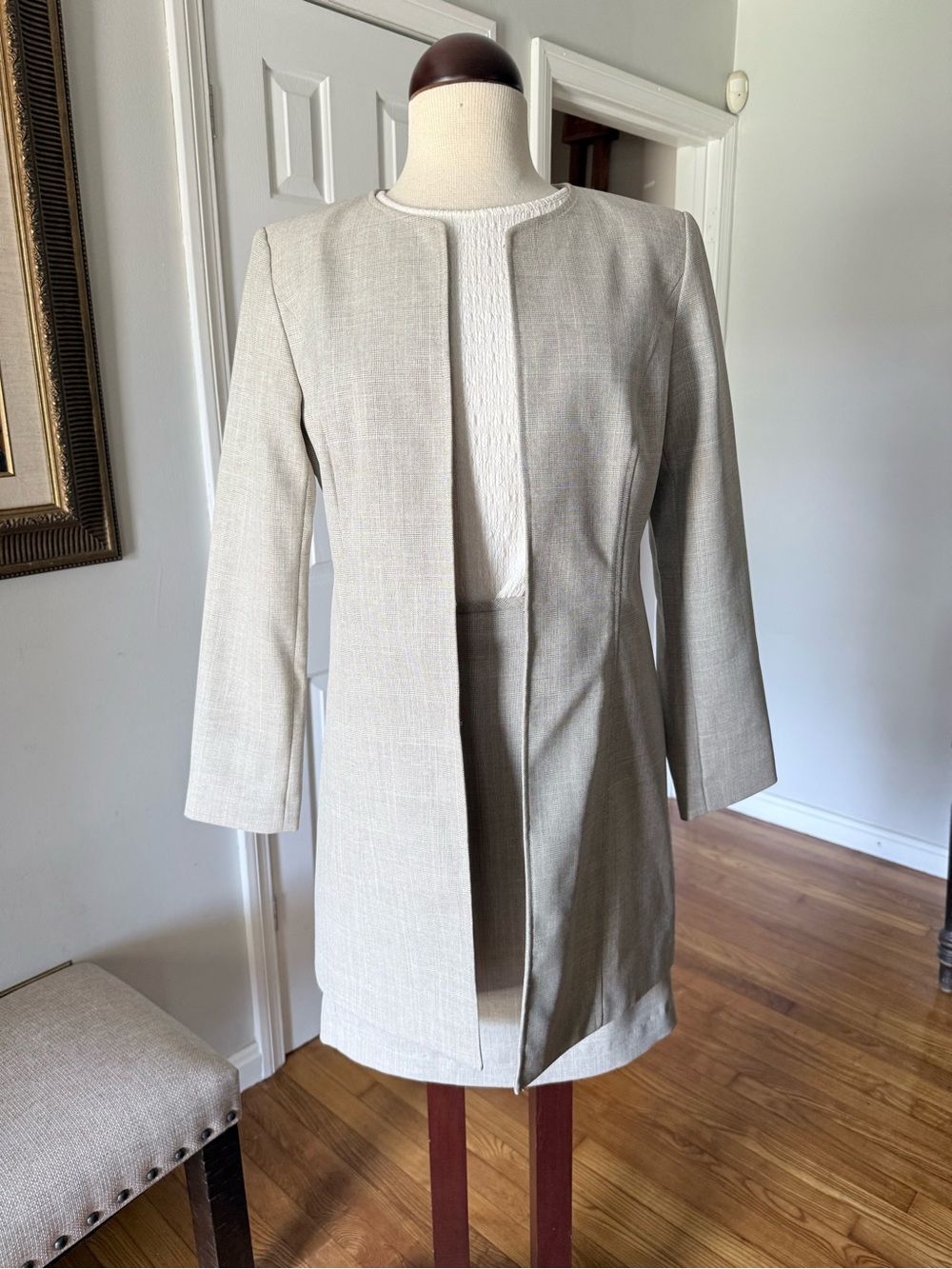 Tailored Collarless Longline Blazer in Light Beige